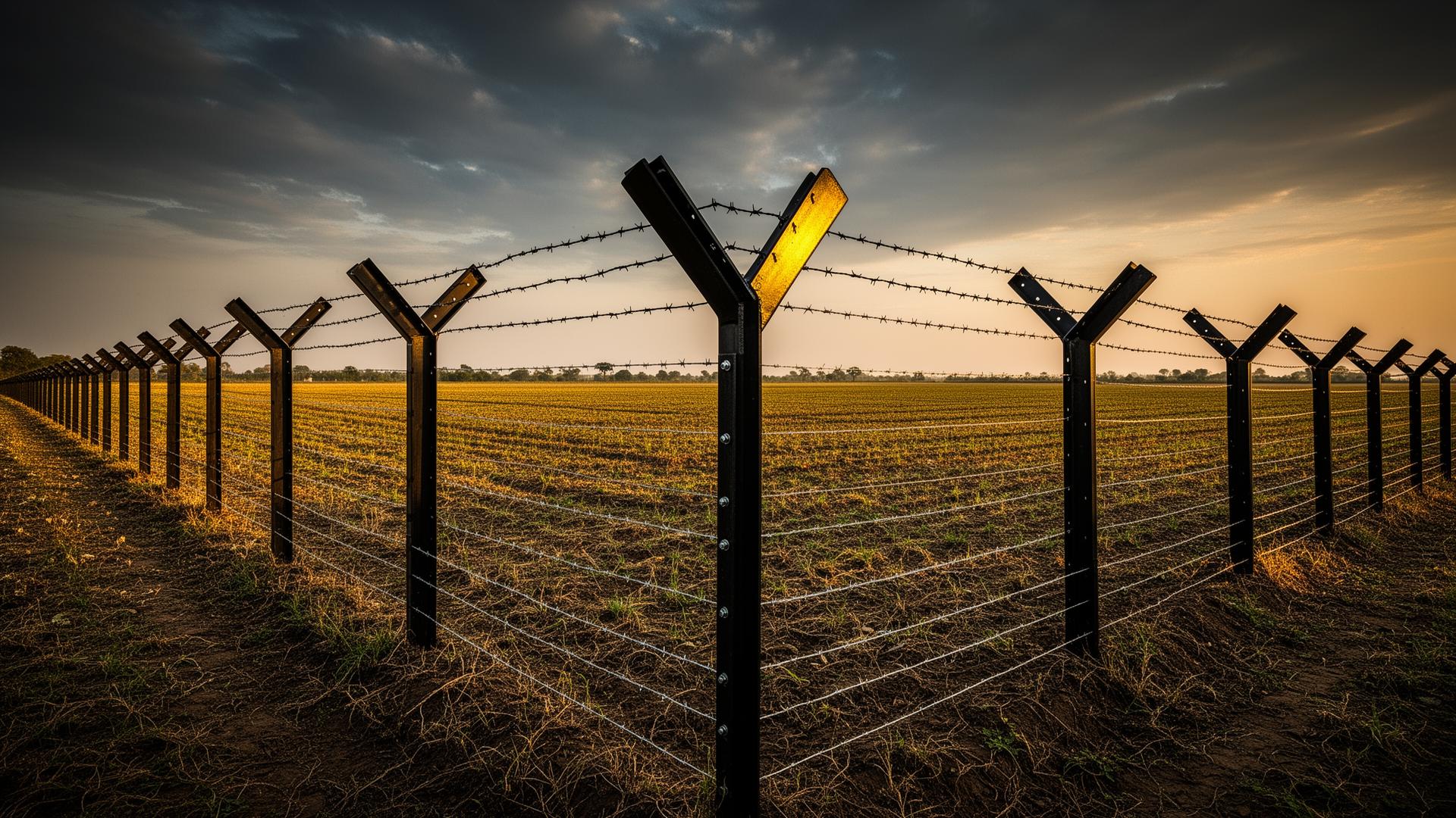 Industrial agricultural fence installation with galvanized Y-shape posts across farmland at golden hour
